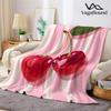 Cherries On Pink Stripes Flannel Blanket Warm Soft Halloween Christmas Couch Warm Cozy Decorative Decor Gift for All Season