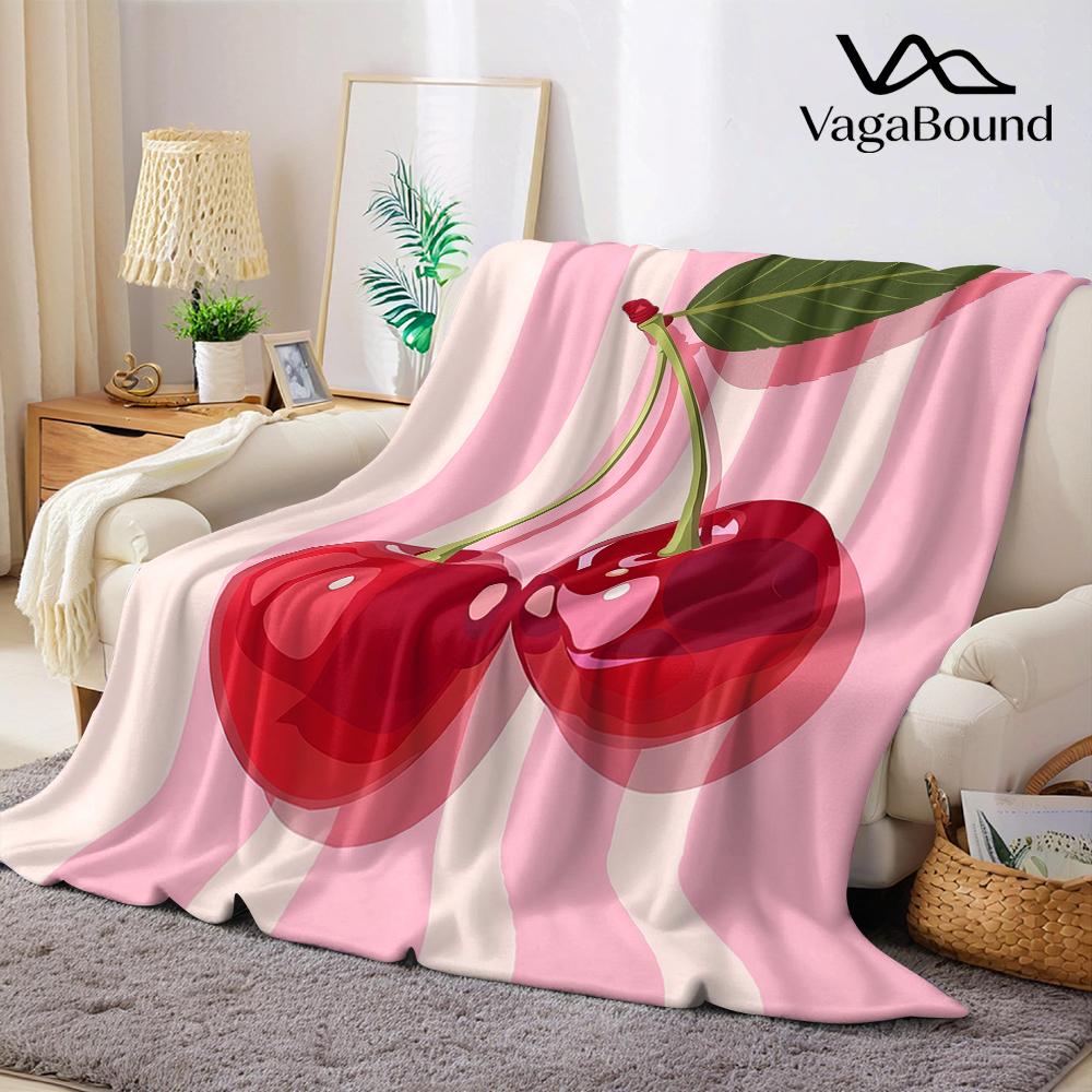 Cherries on Pink Stripes Flannel Blanket Warm Soft Halloween Christmas Couch Warm Cozy Decorative Decor Gift for All Season