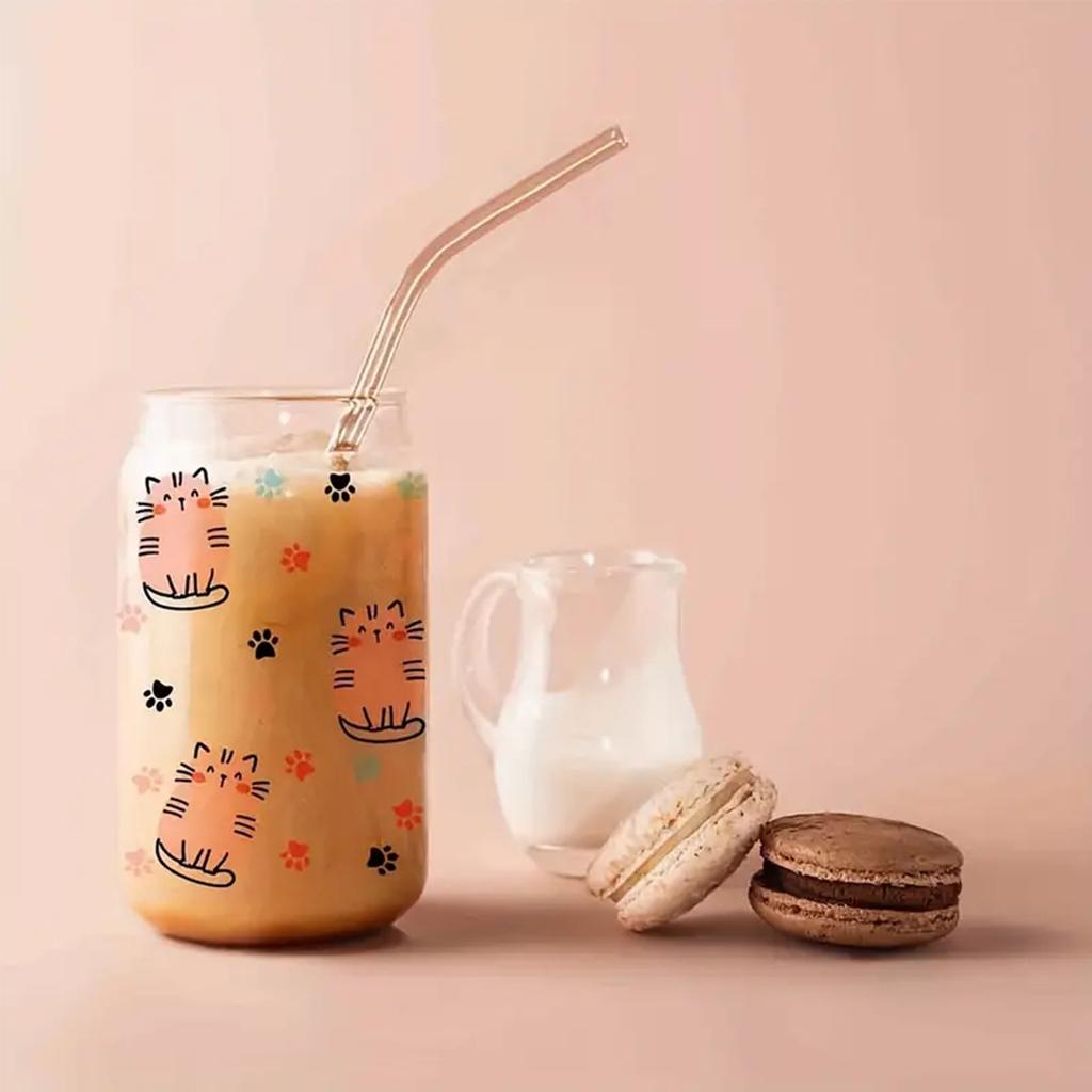 1pc 16oz Cartoon Sticker Transparent Glass Tumbler Cute Fat Orange Cat Sticker Milk Cup Coffee Cup Suitable For Daily Use