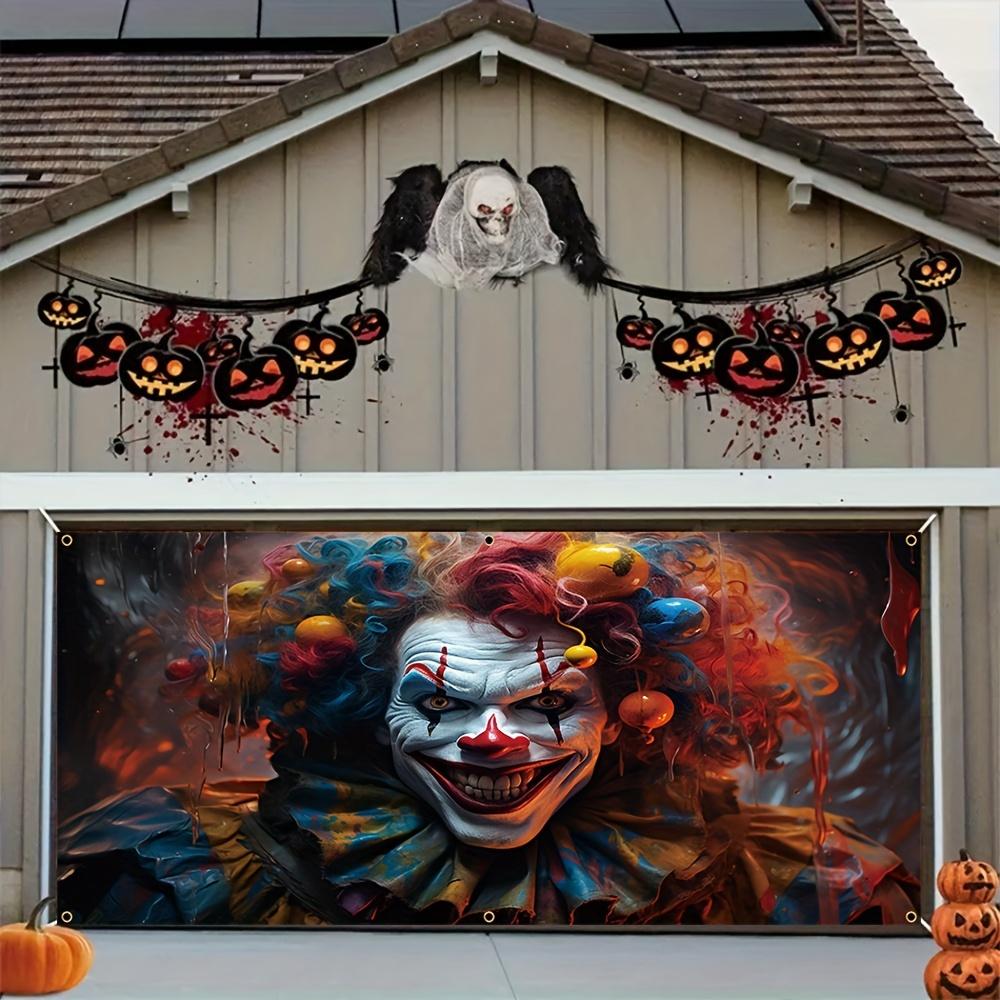 Horror-themed party background Halloween clown garage door banner creepy night entrance mural decoration