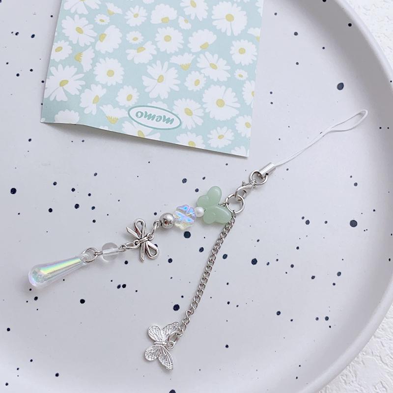 Artistic Style Butterfly Cute Pendant Phone Charm Rope Four Leaf Clover Key Chains Fashionable Beaded Keyring Ornament For Phone
