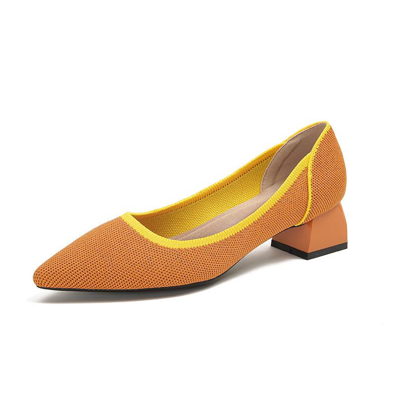 Strength Fashion Versatile Flying Knitting Comfortable Coarse Heel Pointed Small Square Head Knitted Women's Shoes