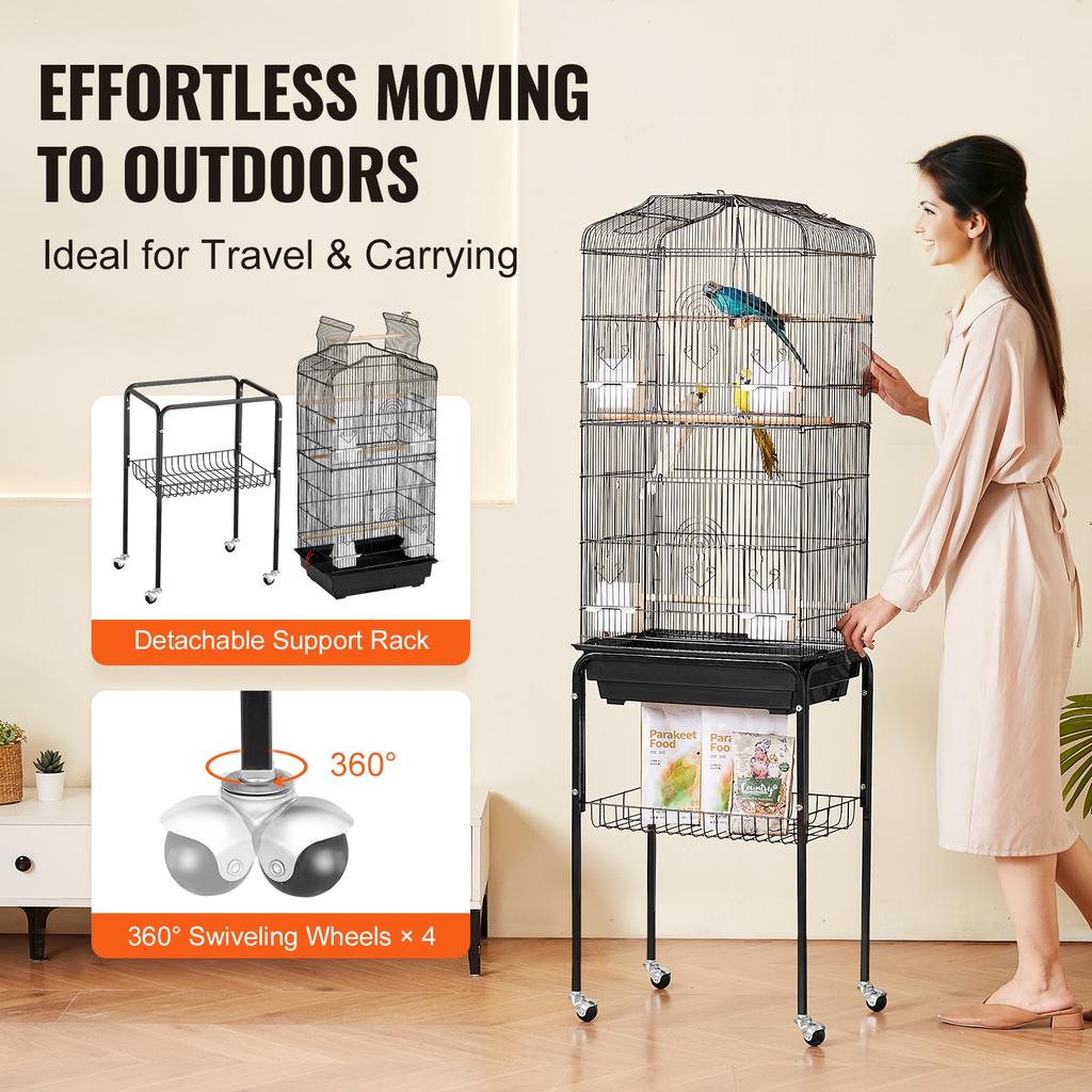 VEVOR Large Bird Cage, 62 In, Open Top Parakeet Cage with Rolling Stand, Steel Bird Flight Cage with Removable Tray, Budgie Birdcage with 4 Perches