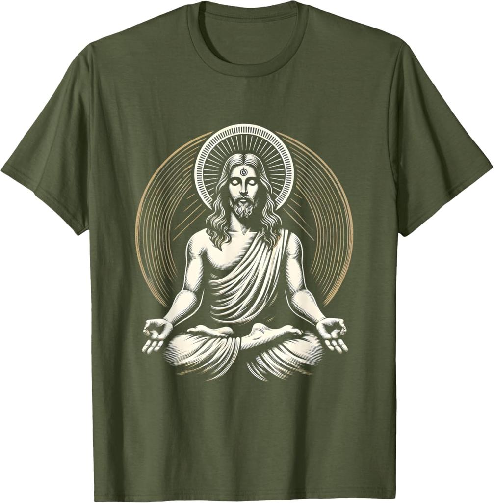 Jesus Meditating Spiritual Zen Graphic Tee Men's Cotton Casual Short Sleeve T-Shirt