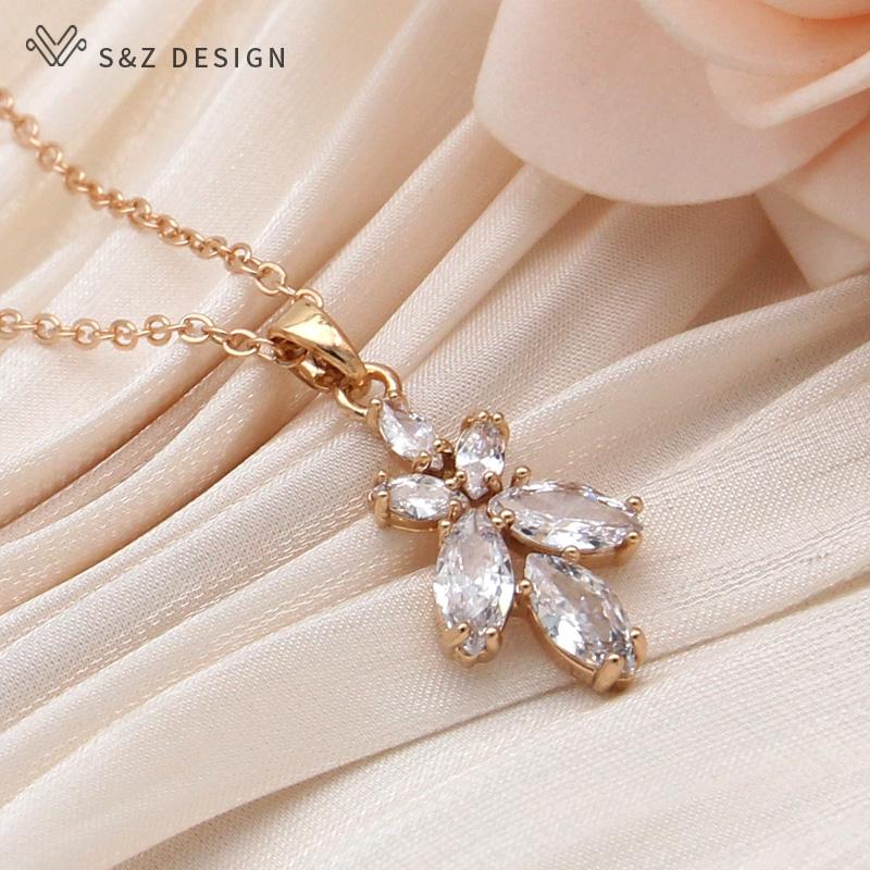 Fashion Flower Cubic Zirconia Orchid Pendant Necklace For Women Champagne Gold Color Collarbone Chain Jewelry