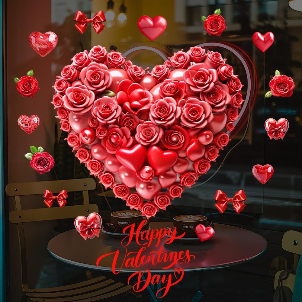 1PC Valentine's Day Window Decor Sticker - Red Rose Heart Balloon PVC Static Cling for Home Room