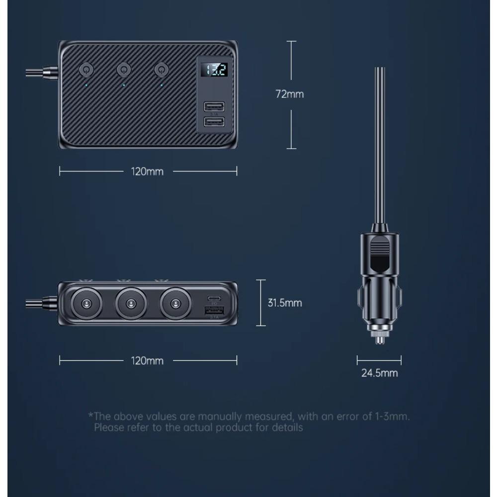 128W Car Charger Adapter 7 In 1 Car Socket Splitter Fast PD30W/QC 3.0 Independent Switches 12V/24V DC Outlet