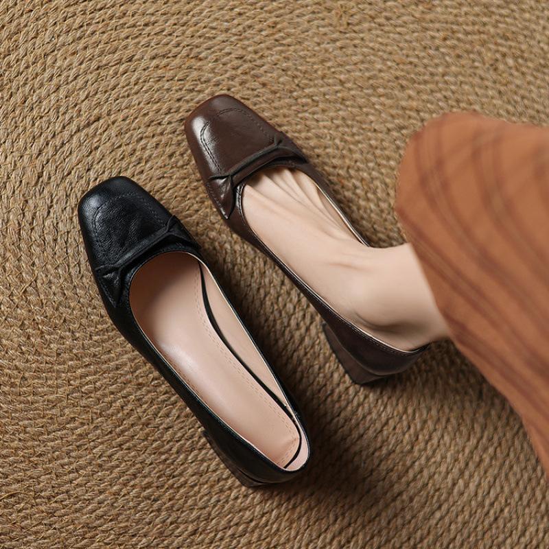 Casual Four-season Wear Single Shoes, Medium Heel, Square Heel, Rubber Low-top Shoes, One Pedal, Square Head, New Women's Small Leather Shoes