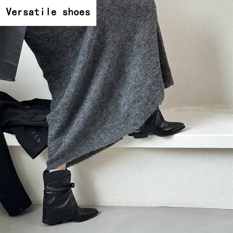 Vintage Thick Heel Women Ankle Boots Fashion Pointed Toe Slip On Shoes Autumn Winter Laides Concise Short Booties