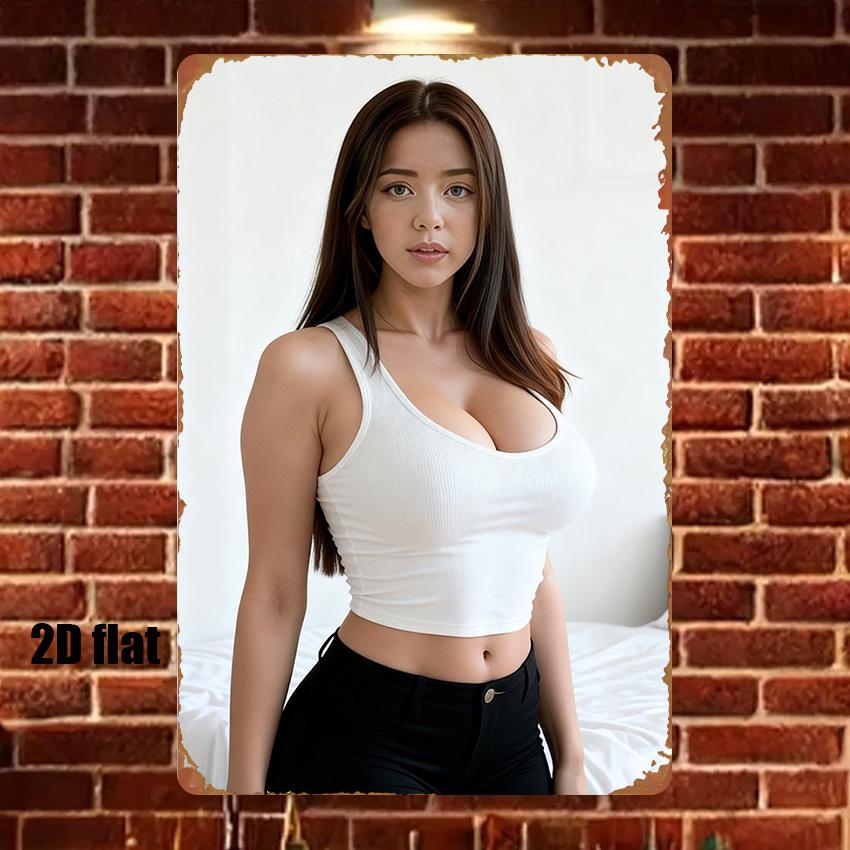 Woman In White Ribbed Crop Top High Definition Tin Painting Vintage Metal Sign Wall Art Decor