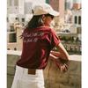 Sporty Niche Style American Retro Sports Style Letter Print Fashion Wine Red Pure Cotton Casual Short Sleeve T-shirt for Women