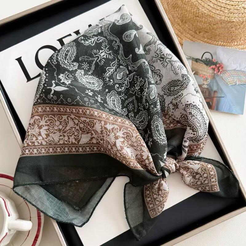 Cotton and linen geometric polka dots retro printed silk scarf women's square scarf high-end shawl sunscreen neck scarf headscarf scarf