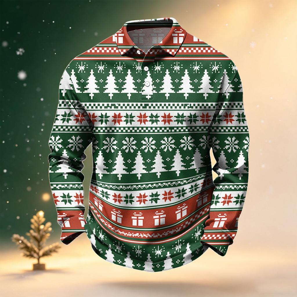 Men's Golf Shirt Long Sleeve Casual Christmas Print Quick-Dry Mesh Top