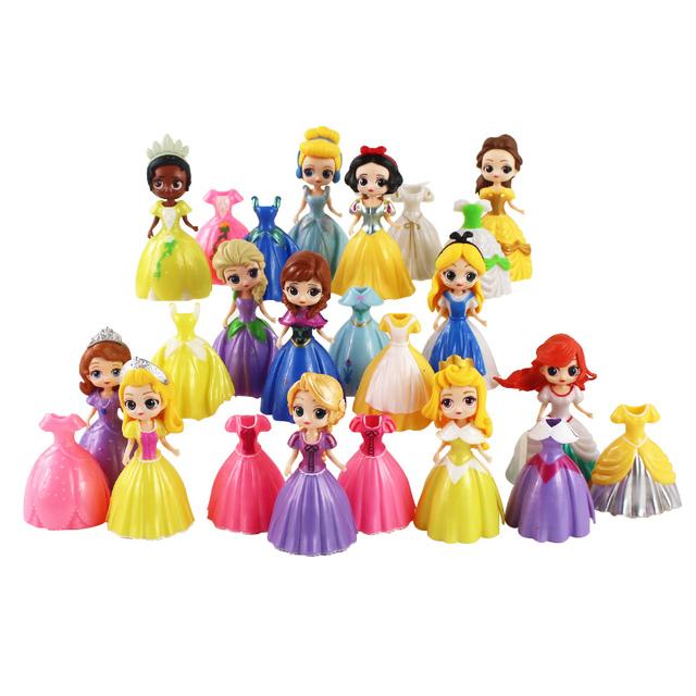 24pcs Cartoon Princess Cinderella Belle Alice Snow White Ariel Rapunzel Action Figures Interchangeable Clothes Toys Dolls Gifts