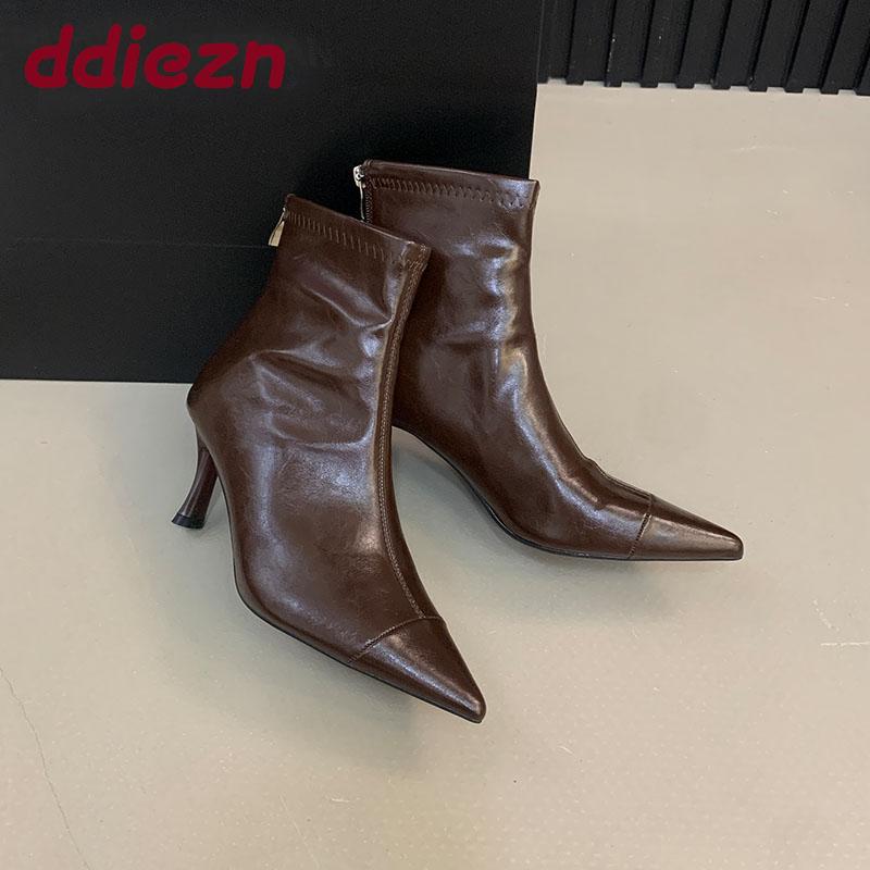 Mode Mode Elastische Damen Knöchel Stretch Stiefel mit Absätzen Schuhe Damen Spitzschuh Damen Moderne Kurze Stiefel Reißverschlüsse Schuhe