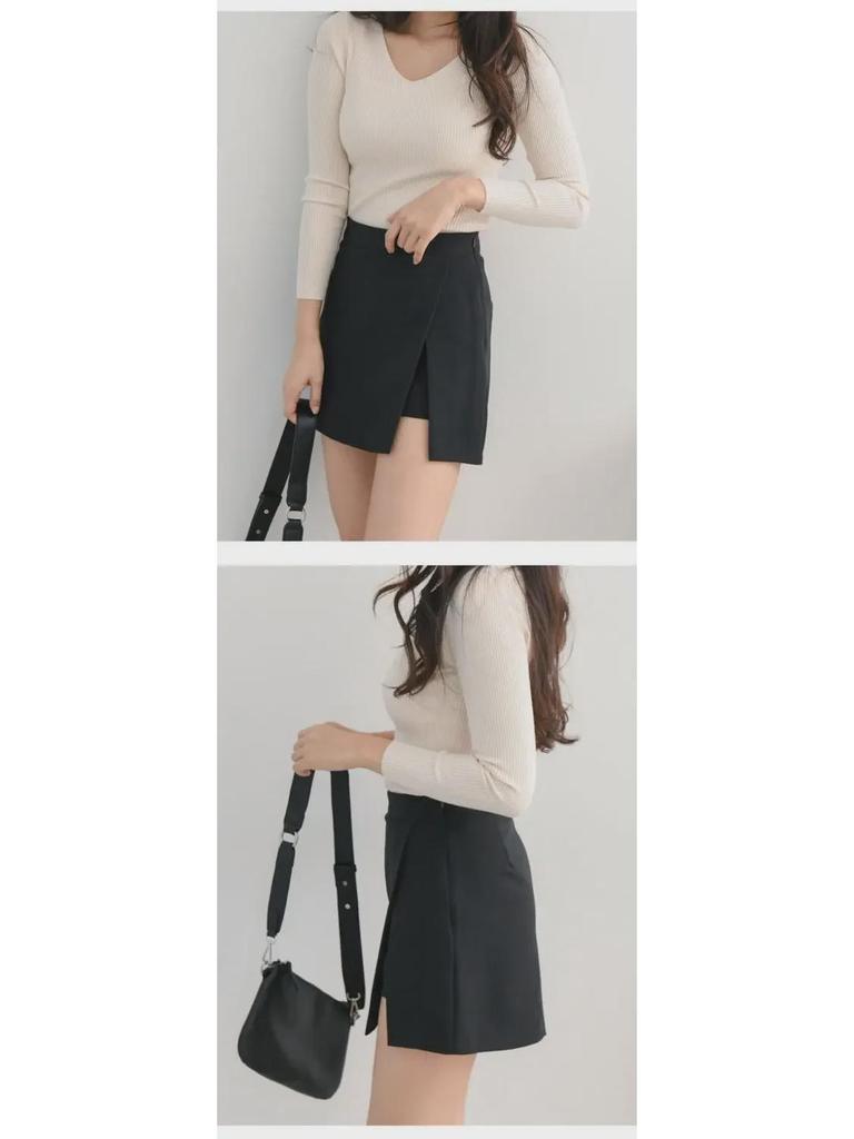 2022 Women's Black High Waist Slim A-Line Skirt Pants with Slit