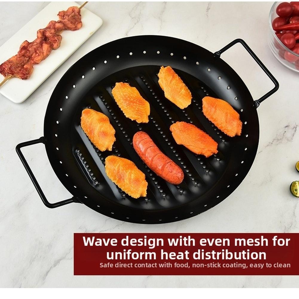 Round Wave Grill Tray for Outdoor Picnic Camping Non BBQ Cooking Basket Portable Carbon Steel Barbecue Grill Pan 37.1x30x4cm