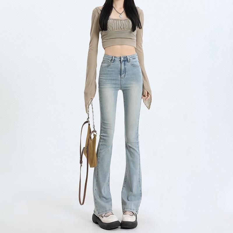 Women's Light Wash High-Waist American-Style Flared Jeans, Slim Fit, Elastic, Small Size, Washed Blue Horseshoe Design