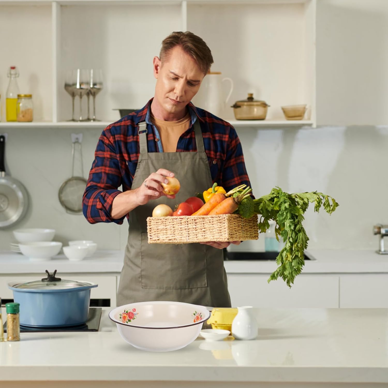 Hemoton Винтажная эмалированная миска для смешивания 11,8 дюйма Эмалированный таз для мытья Кухонная суповая миска Круглый сервировочный поднос для дома