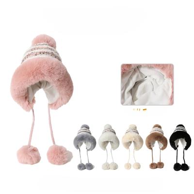 Herbst und Winter Niedliche Bären Fellbommel Plüsch Strickmütze für Damen Koreanischer Stil Ins Verdickt Warm Ohrenschutz Kältefest Wollmütze