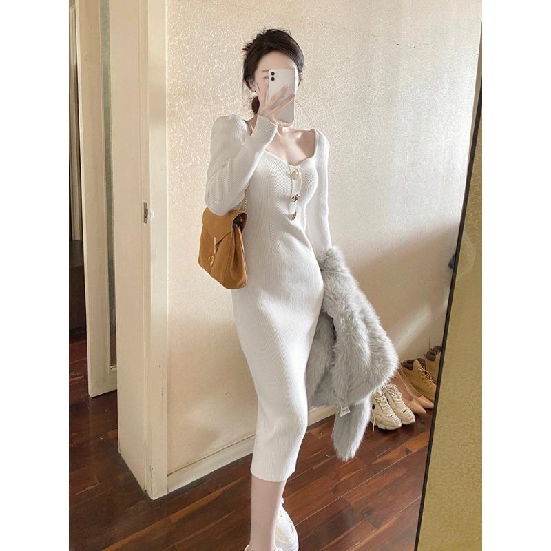Dress autumn new women's waist thin celebrity temperament high sense white knitted skirt