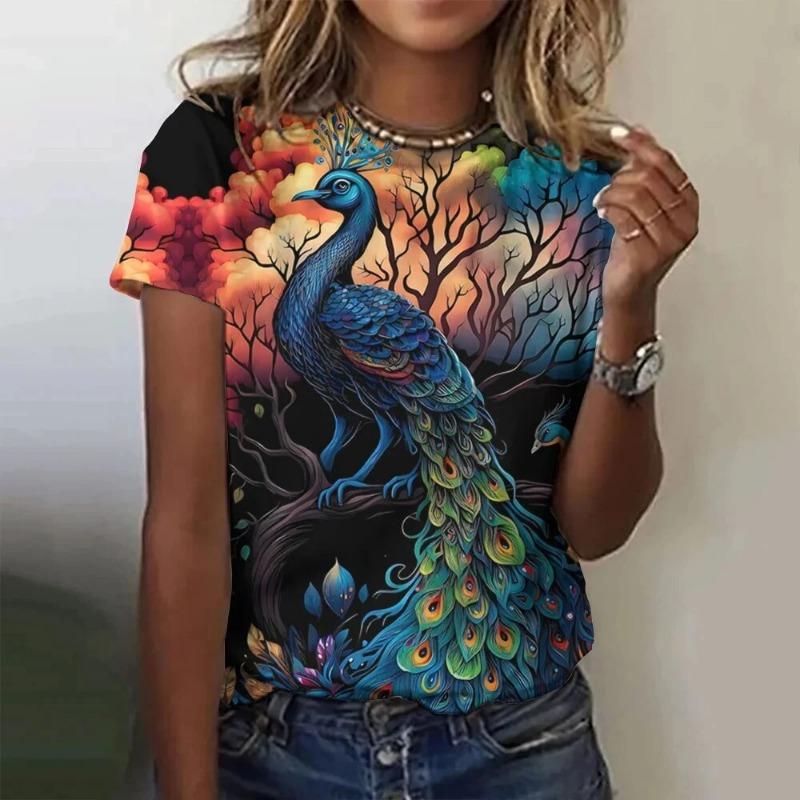Peacock T-Shirts Animal Women Fashion O-Neck Short Sleeve T Shirt Y2k Harajuku Oversized Tees Tops Female Clothing