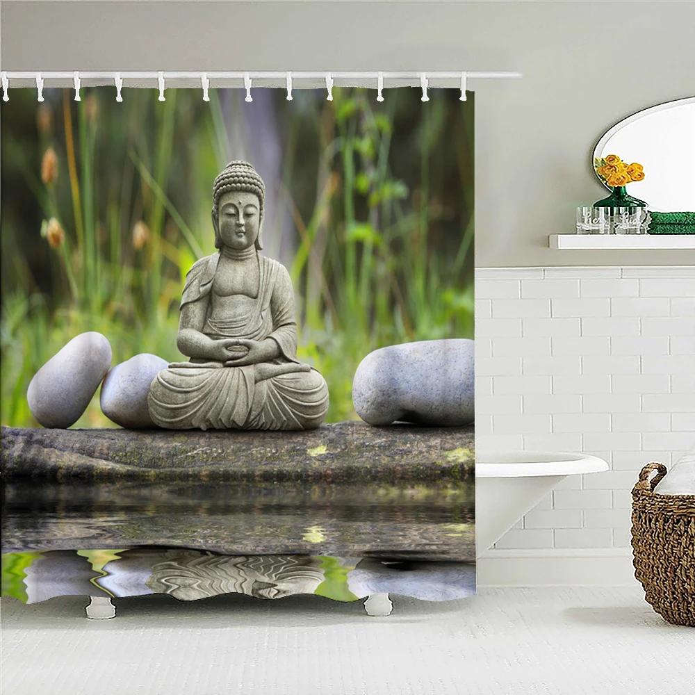 Bathroom Shower Curtains Buddha Statue Bamboo Bath Screens Home Decor Waterproof Polyester Fabric With Hooks 240X180Xm