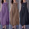 Trendy Women Summer Spring Fashion Solid Color Sleeveless Loose Pocket Big Hem Simple Style Long Lady Dress