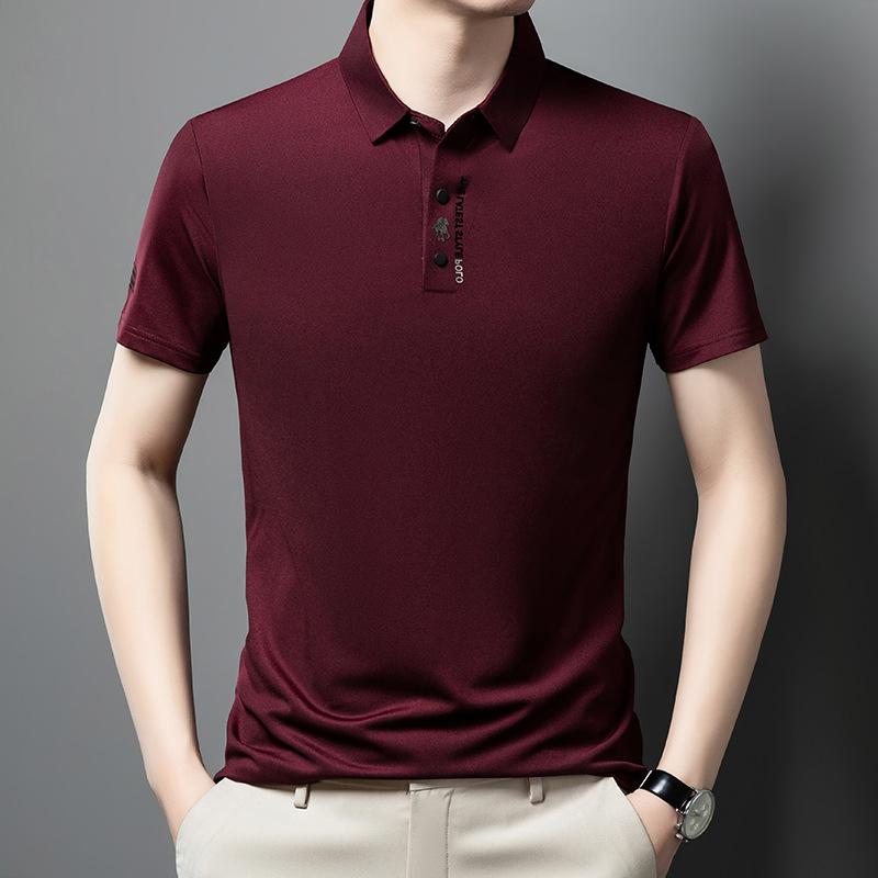 Ice Silk Embroidery Polo Shirt Summer Lapel Elasticity T-shirt Korean Fashion Short Sleeve Business Casual Men Clothing