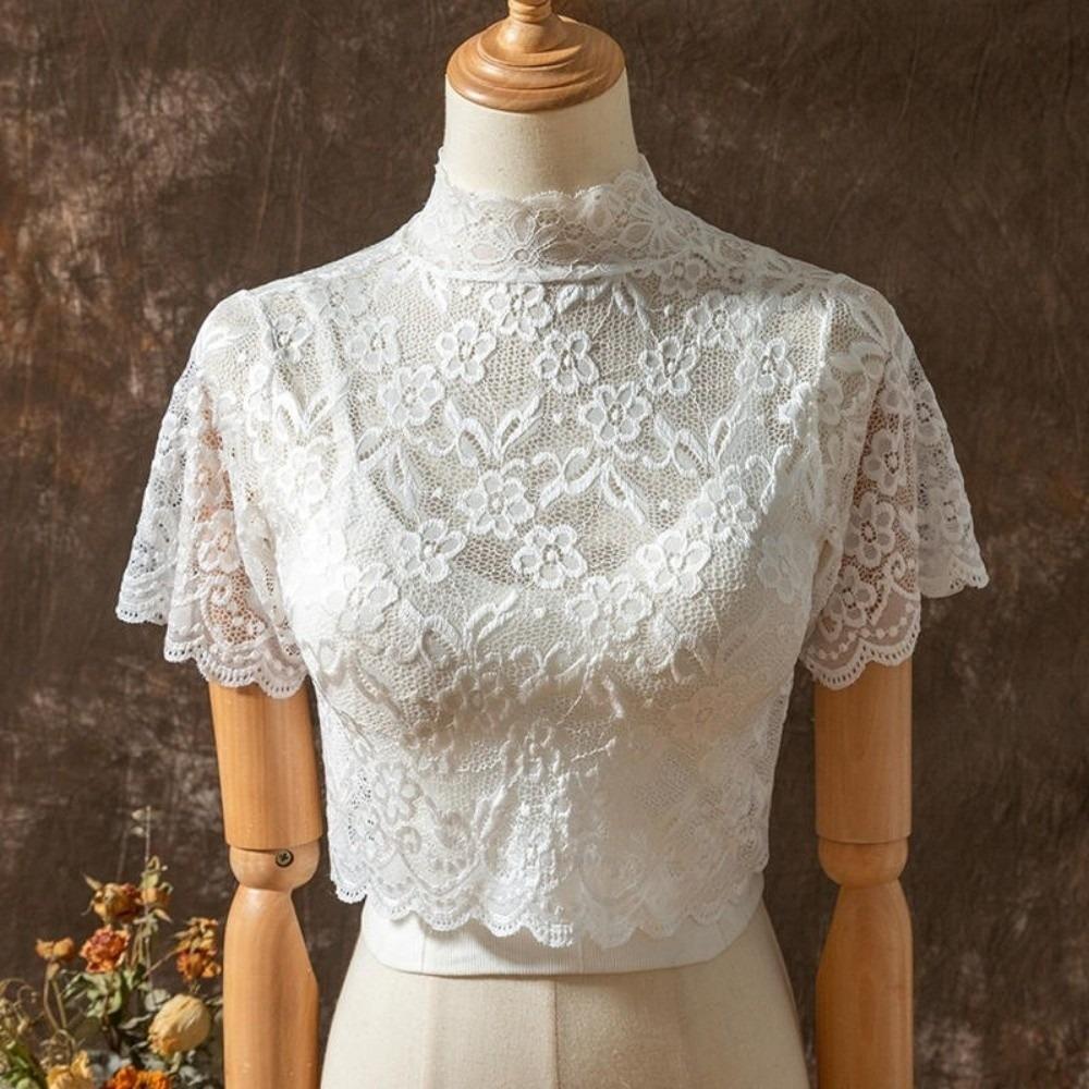 Eleganter Floral Damen Rollkragen Spitzen Pullover Futter Kurzarm Abnehmbarer Kragen Dickey Crop Top