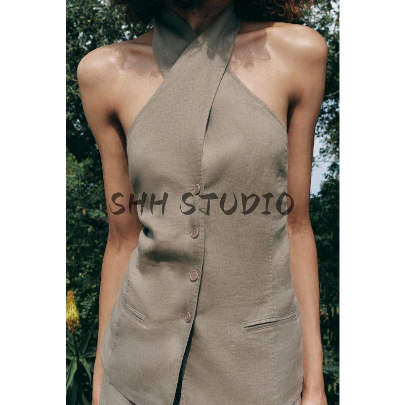 Linen Blended Hanging Collar Vest-Style Tops 2731097 Plaid A- Line Midi Skirt Long Skirt 2731076