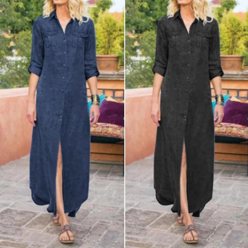 Womens Denim Shirt Dress Vintage Lapel Long Sleeve Casual Button Down Maxi Jean Dresses