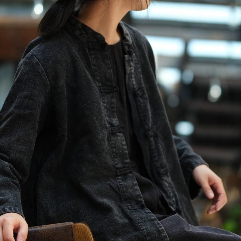 Johnature Herbst Frau Vintage Kragen Chinesischen Stil Disc Schnalle Hemd Baumwolle Lange Ärmel Einfarbig Distress Shirt