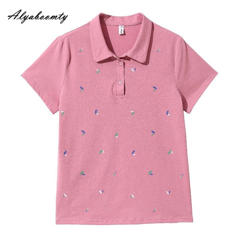 Large Size Summer Women Casual Loose Polo T-Shirt Turn-Down Collar Pink Bluish Gray Feather Leaf Pattern Tee Cotton Sport Ladies' Top M-4XL
