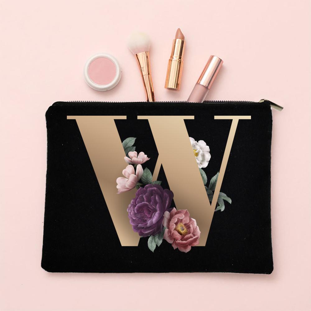 Alphabet Floral Makeup Bag Bridesmaid Maid of Honor Holiday Wedding Bachelorette Party Gift Canvas Cosmetic Zipper Storage Pouch