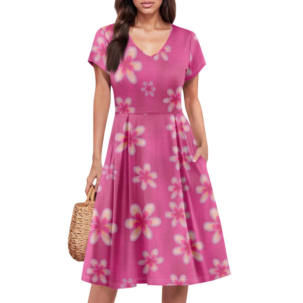 Womens Summer Dress Short Sleeve V Neck Short Dresses Fashion Casual Flowy A Line Swing Sundress With Pocket