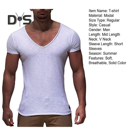 Men Summer T-shirt Short Sleeves V Neck Solid Color Soft Slim Fit Breathable Mid Length Elastic Casual Pullover Men Sport Top