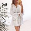 Beach Bikini Cover Up Shirt Lapel Flared Long Sleeve Single Breasted Swimsuit Coat Hollow Out Women Mid-length Shirt