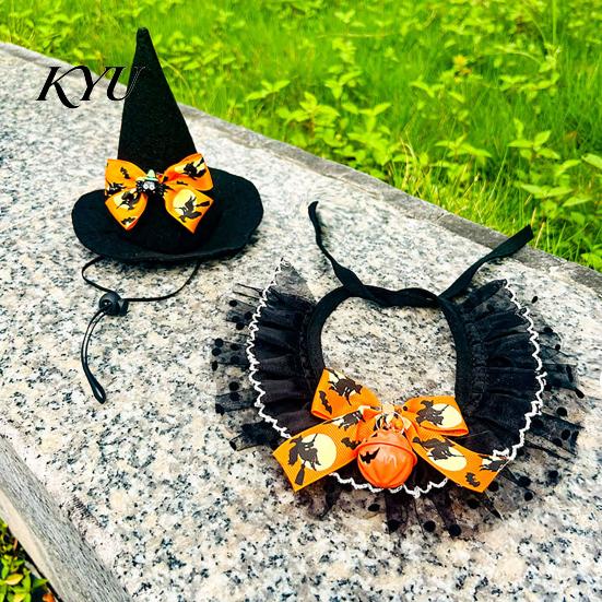 Funny Halloween Pet Accessories 1 Set Cat Costume, Wizard Hat And Lace Bandana, Ruffled Bib Witch Scarf with Bow Bell, Holiday Party Outfit for Small
