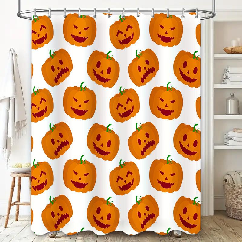 Halloween Pumpkin Face Shower Curtain Festive Orange Fabric Bath Decor For Halloween Season 180 X 180Cm (71 X 71)
