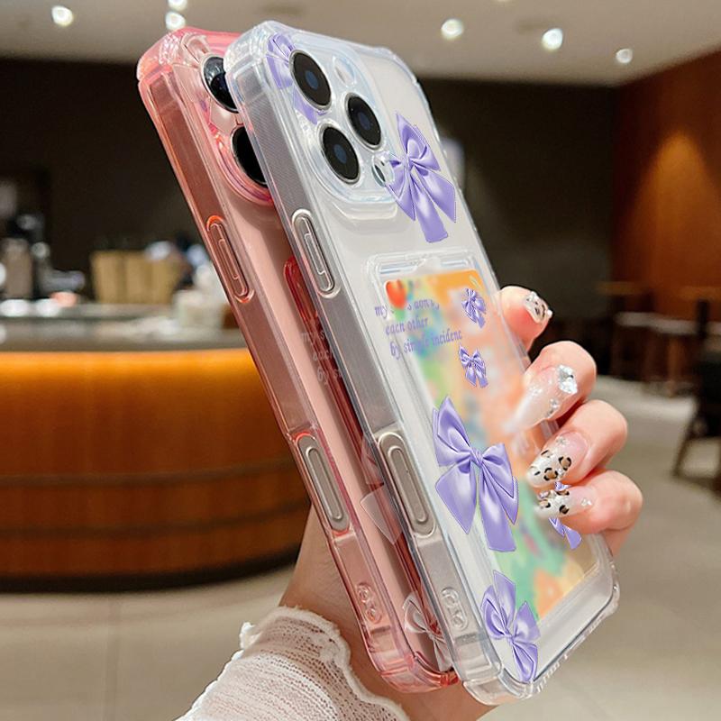 Solid Color Bowknot Print Transparent Card Slot Phone Case For iPhone 16 15 Pro 14 Pro Max 13 12 11 Clear Shockproof Slim Soft Silicone Bumper Cover