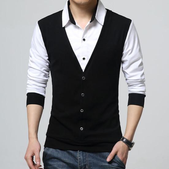 Maglia a maniche lunghe Patchwork Colorata da uomo Finto due pezzi Slim con colletto rovesciato Pullover per l'uso quotidiano