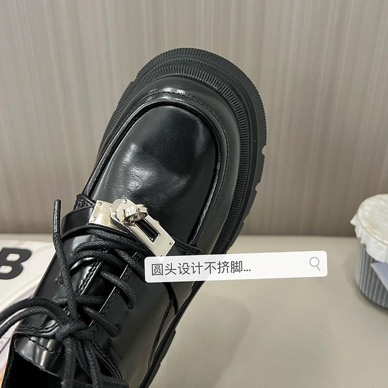 Coarse heel metal buckle single shoes women's new platform Mary Jane lace-up leather shoes
