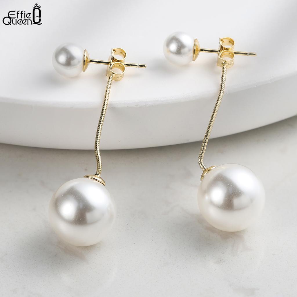 Effie Queen 100% 925 Sterling Silver 14k Gold Two Round Shell Pearl Drop Earrings Beach Jewelry for Women Summer Beach Ear PSE04