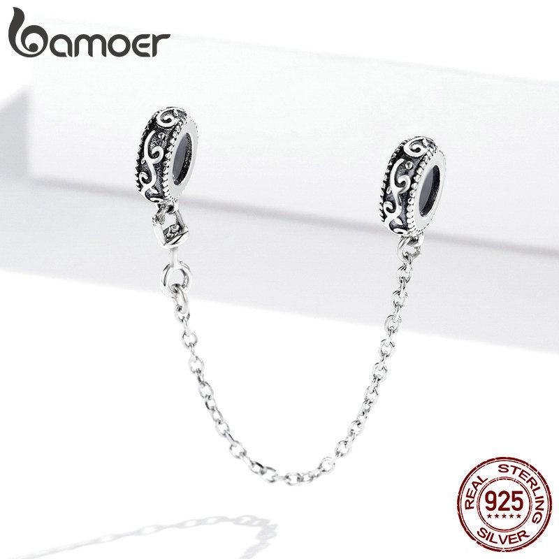 Bamoer 925 Silver Vintage Vine Pattern Safety Chain with Silicone Stopper for Original Charms Bracelet SCC1546