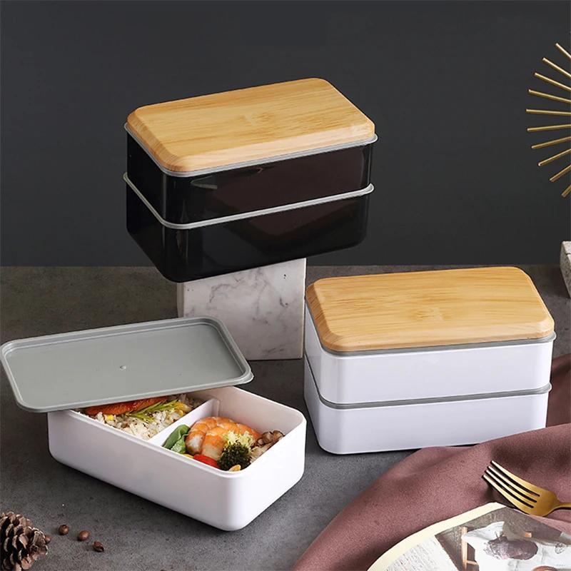 Wood Grain Lunch Box Large Volume Double Layer Sealed Leak-proof Microwave Oven Bento Box Handy Food Storage Container
