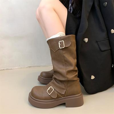 Autumn Winter Thick High Heels Women Mid Calf Boots Hot Sale Gothic Motorcycles Boots Woman Fashion Buckle Comfy Walking Boots