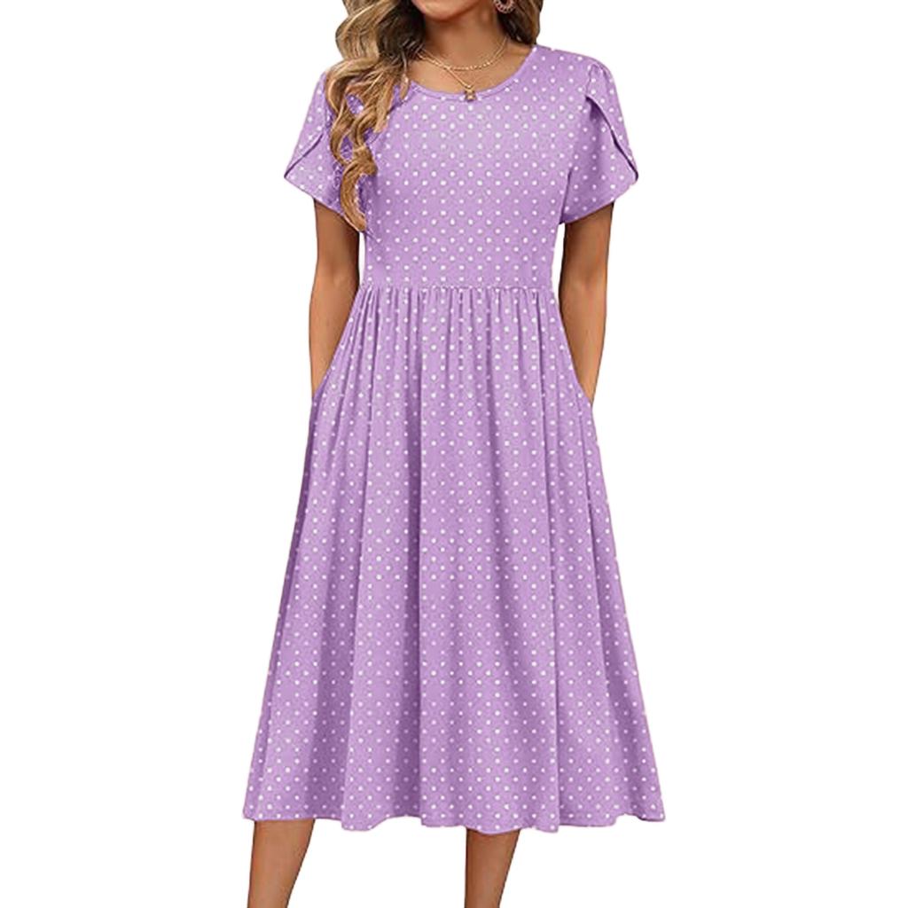 Women's Fashion Spring And Summer Dress Casual Short Sleeve Round Neck Petal Long Printed Dress