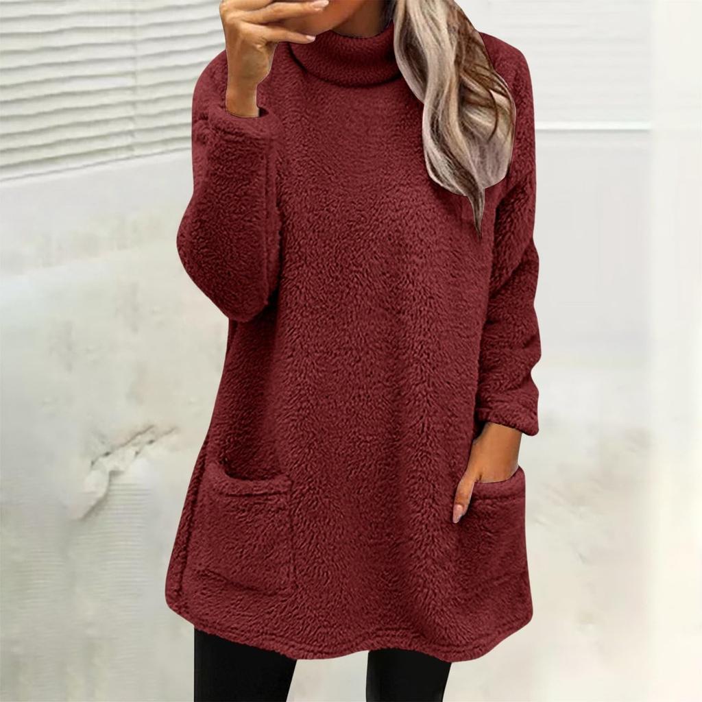 Bluzy damskie z golfem jesienno-zimowe ciepłe swetry plus size tuniki pulowery topy z kieszeniami