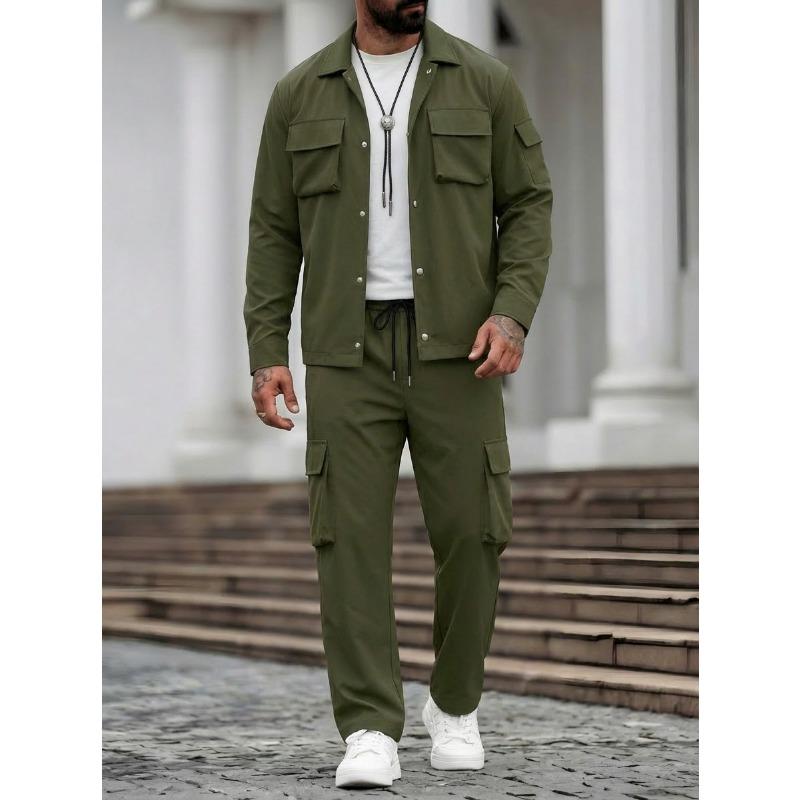 Men Casual Workwear Multi Pockets Long Sleeve Jacket And Long Pants Set